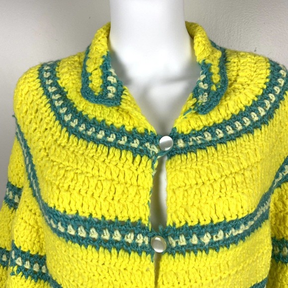 Vintage 70s Handmade Knit Yellow Striped Crochet Sweater Cape Cardigan Sweater - Picture 4 of 10